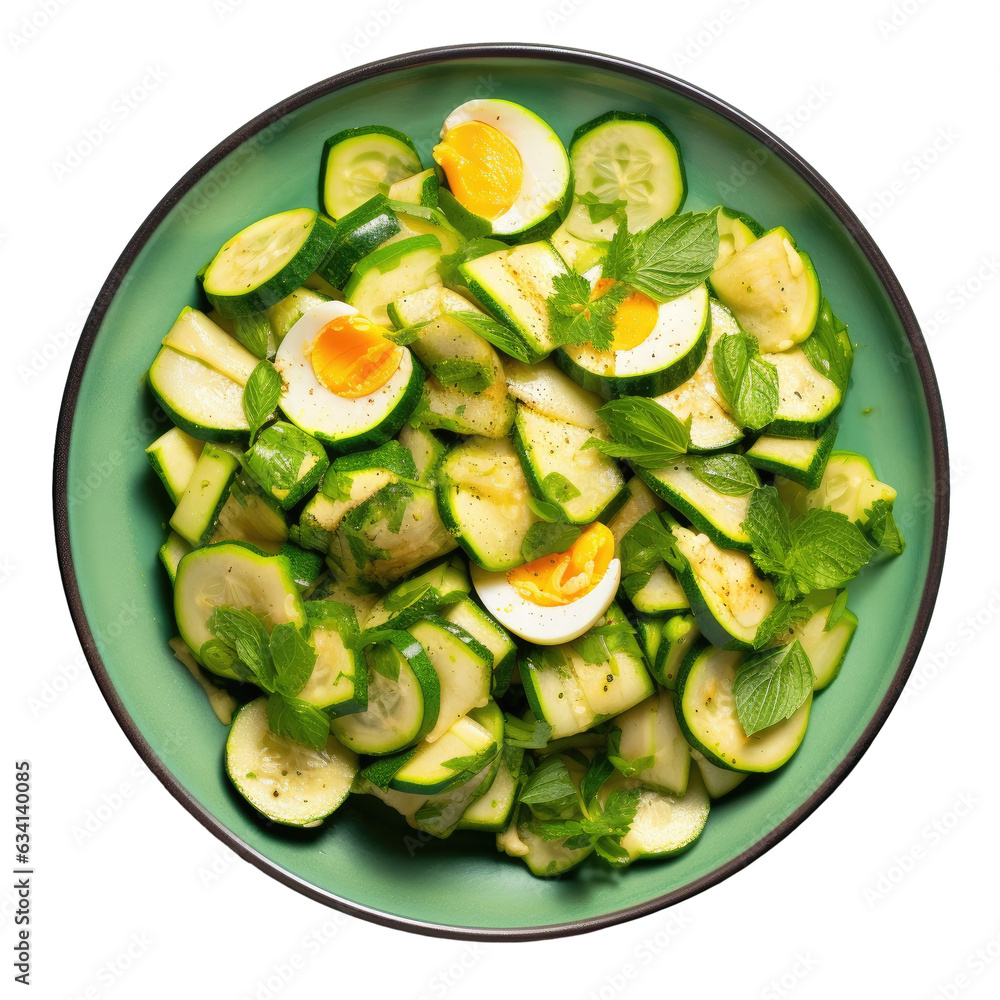 Stir fried zucchini and eggs served in a white bowl on a set of Thai food plates Stir fried zucchini and eggs served in a white bowl on a set of Thai food plates