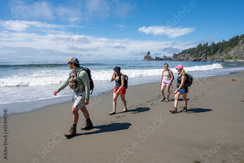 Принти на полотні Hikers on Shi Shi Beach Trail in Olympic National Park near Neah Bay, Washington on sunny summer afternoon with Point of Arches in background