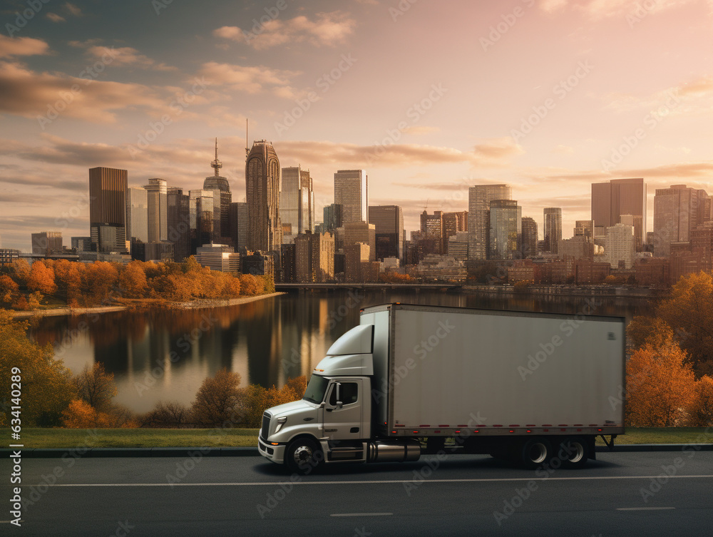 A Moving Truck Driving in Front of a Scenic Cityscape