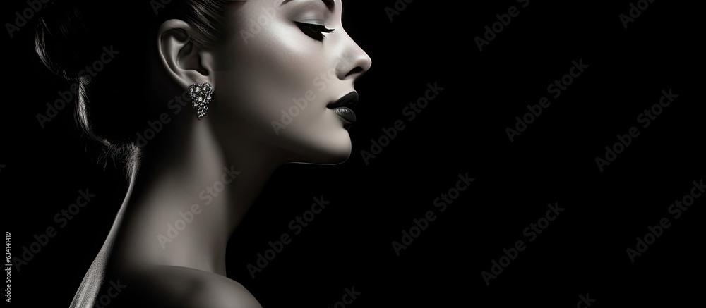 Fototapeta premium Young woman with glamorous makeup looking back over her bare shoulder black background with space for text in black and white