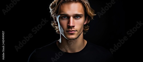 Blonde handsome young man with pale complexion dark shirt looking at camera Black background room for text