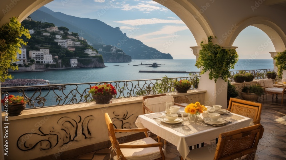 Majestic villa situated along the captivating Amalfi Coast of Italy, granting breathtaking views of the shimmering Mediterranean Sea and the intricate terraced cliffs