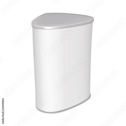 Blank white triangular portable exhibition counter vector mockup. Trade show promotional table display stand realistic mock-up. Template for design