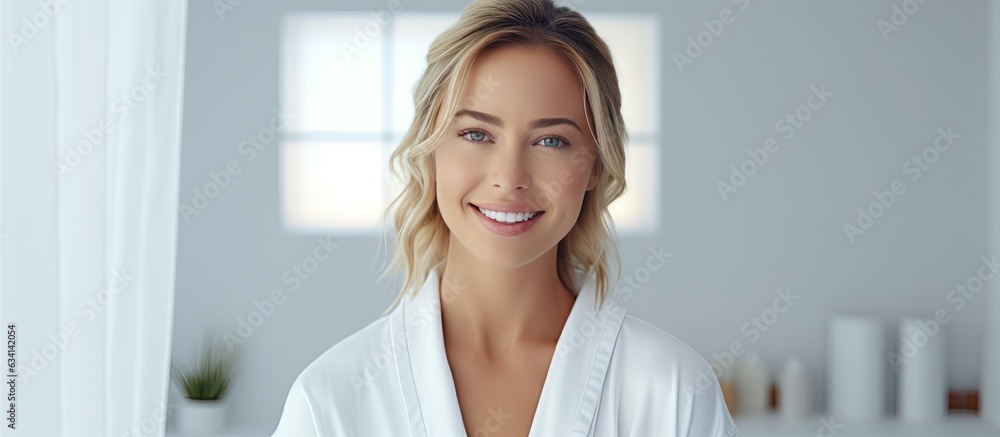 Blonde woman smiling in white bathrobe closeup portrait in bathroom promoting face and skin care - obrazy, fototapety, plakaty 