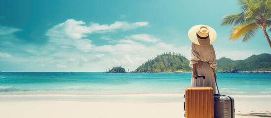 Summer vacation and travel concept Young woman traveler on tropical beach relaxing with luggage