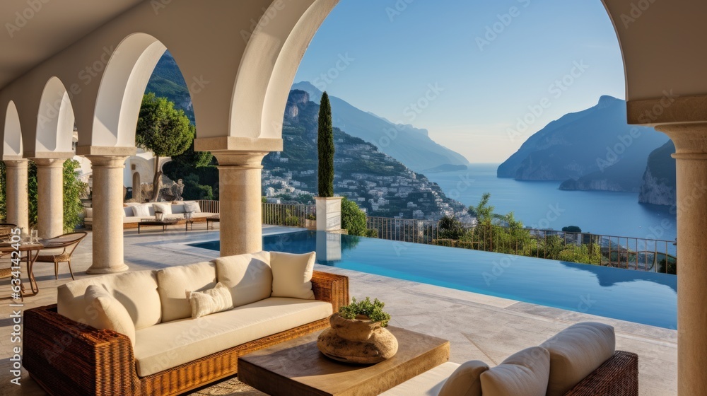 Fototapeta premium Majestic villa situated along the captivating Amalfi Coast of Italy, granting breathtaking views of the shimmering Mediterranean Sea and the intricate terraced cliffs