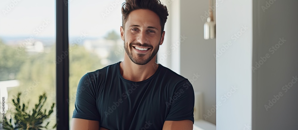 Naklejka premium Portrait of a joyful young man holding tablet and smiling at camera by a window
