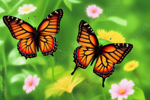 Two butterflys on a green background. Ai Generated 