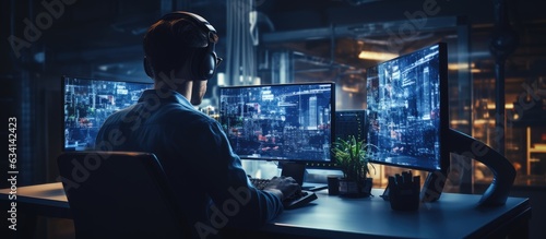 Side view of IT developer using computer in office for working on VR games and software with available space to duplicate