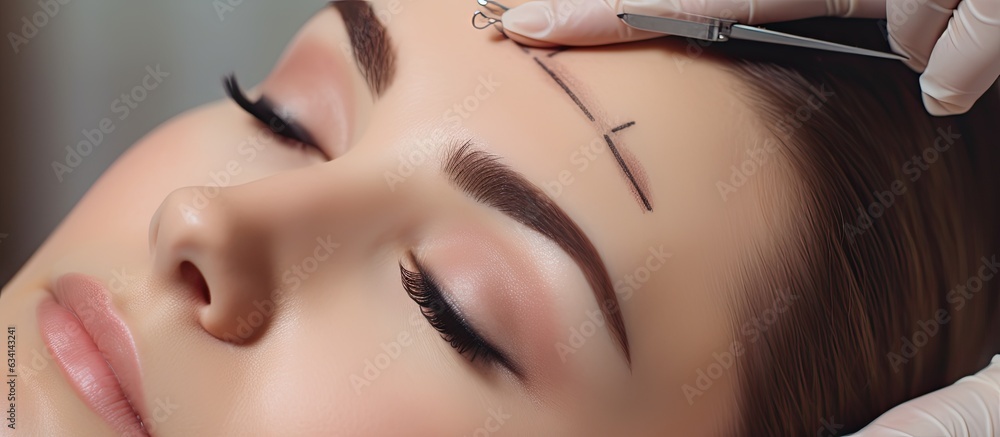 Cosmetologist measures eyebrow proportions with ruler during micropigmentation in salon Cosmetologist measures eyebrow proportions with ruler during micropigmentation in salon