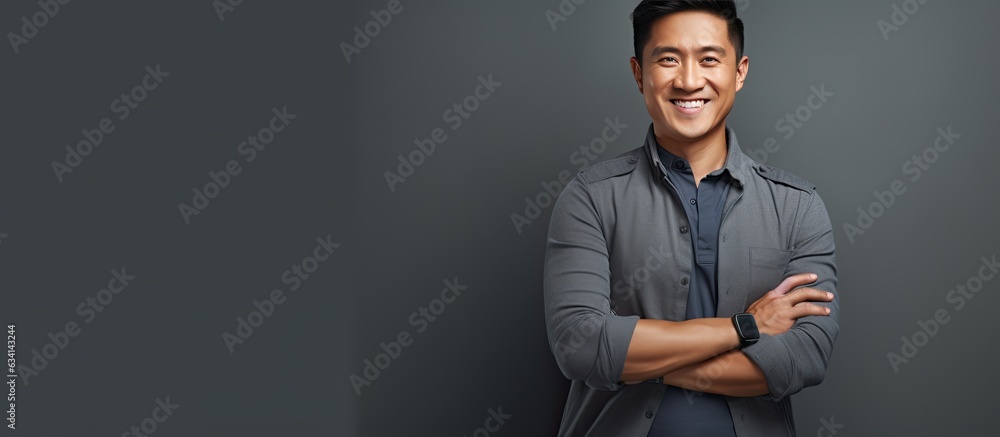 Fototapeta premium Portrait of happy Asian man with crossed arms looking aside at empty space against gray background