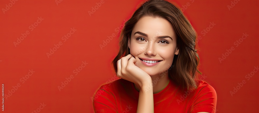 Happy brown haired girl portrait looking away isolated on a red background Happy brown haired girl portrait looking away isolated on a red background