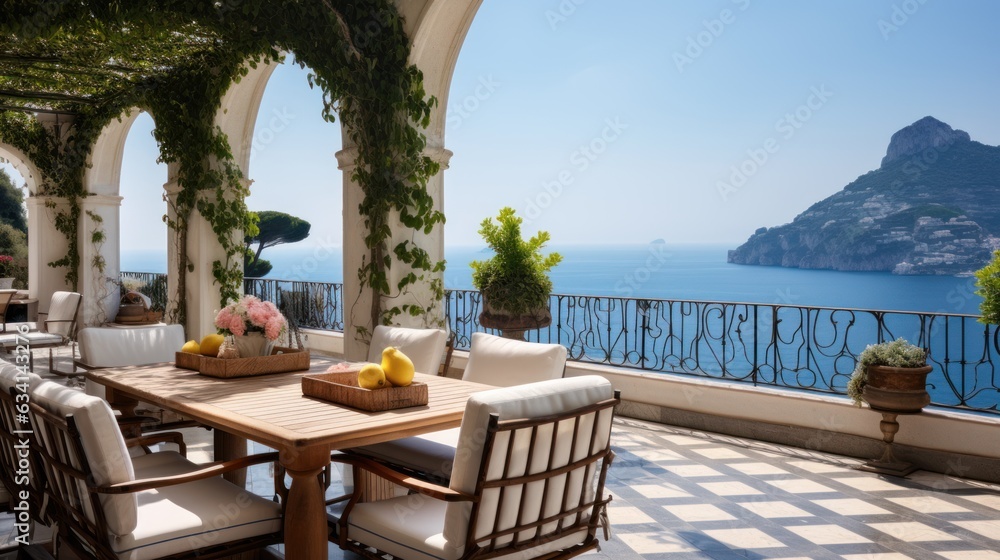 Fototapeta premium Majestic villa situated along the captivating Amalfi Coast of Italy, granting breathtaking views of the shimmering Mediterranean Sea and the intricate terraced cliffs