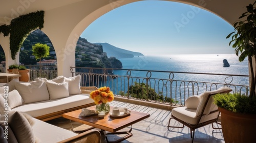 Majestic villa situated along the captivating Amalfi Coast of Italy, granting breathtaking views of the shimmering Mediterranean Sea and the intricate terraced cliffs © Damian Sobczyk