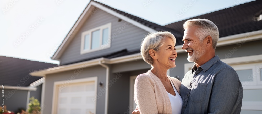 Elderly married couple celebrating their new home standing in front and ...