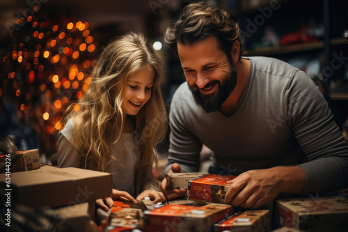 A young family unpacks presents for Christmas