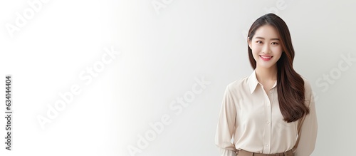 Confident young Asian businesswoman in office attire smiling isolated