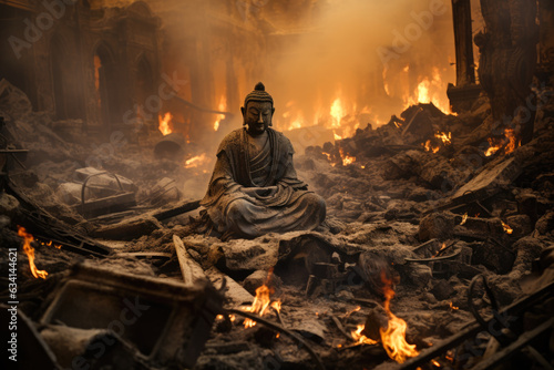 A statue of Buddha in the midst of a burning city, meditative pose, burning buildings and rubble, somber, chaotic