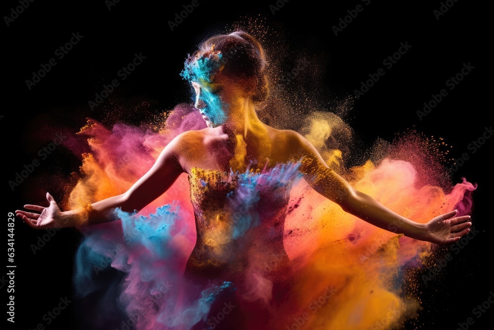 Beautiful woman in colorful dress dancing with colorful smoke on black background. Generated AI