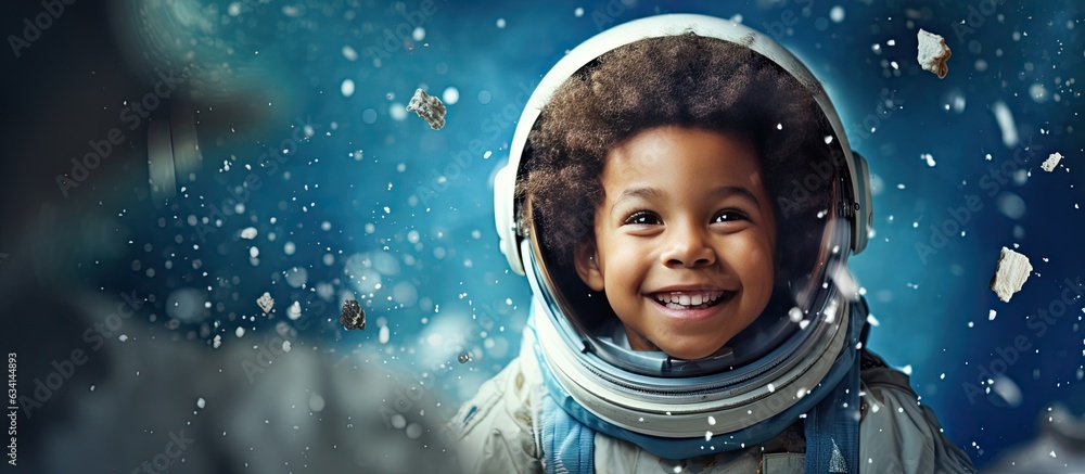 Happy little black boy with a homemade rocket playing astronaut with white handmade stars on a blue background Expressing childhood creativity and imag