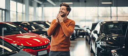 Fotografia, Obraz Ecstatic young man embracing new car imagining purchase at showroom Delighted mi