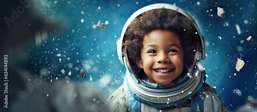 Happy little black boy with a homemade rocket playing astronaut with white handmade stars on a blue background Expressing childhood creativity and imag