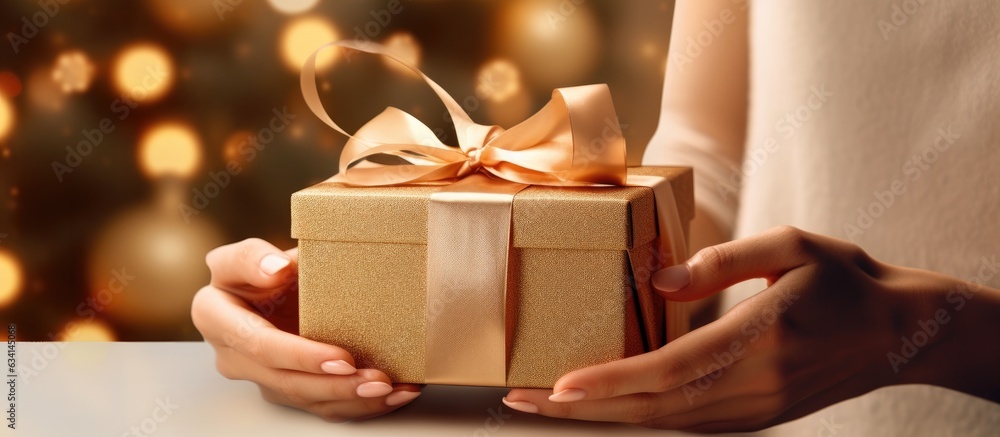 Female hands unveiling present box with empty space Festive occasion Banner Female hands unveiling present box with empty space Festive occasion Banner
