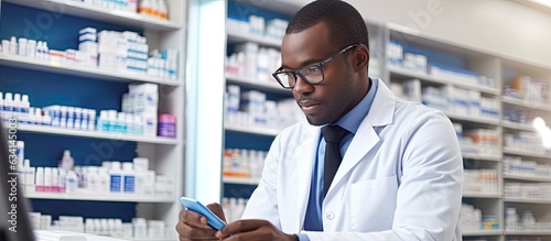 African American pharmacist at work in pharmacy checking medicine supplies © HN Works