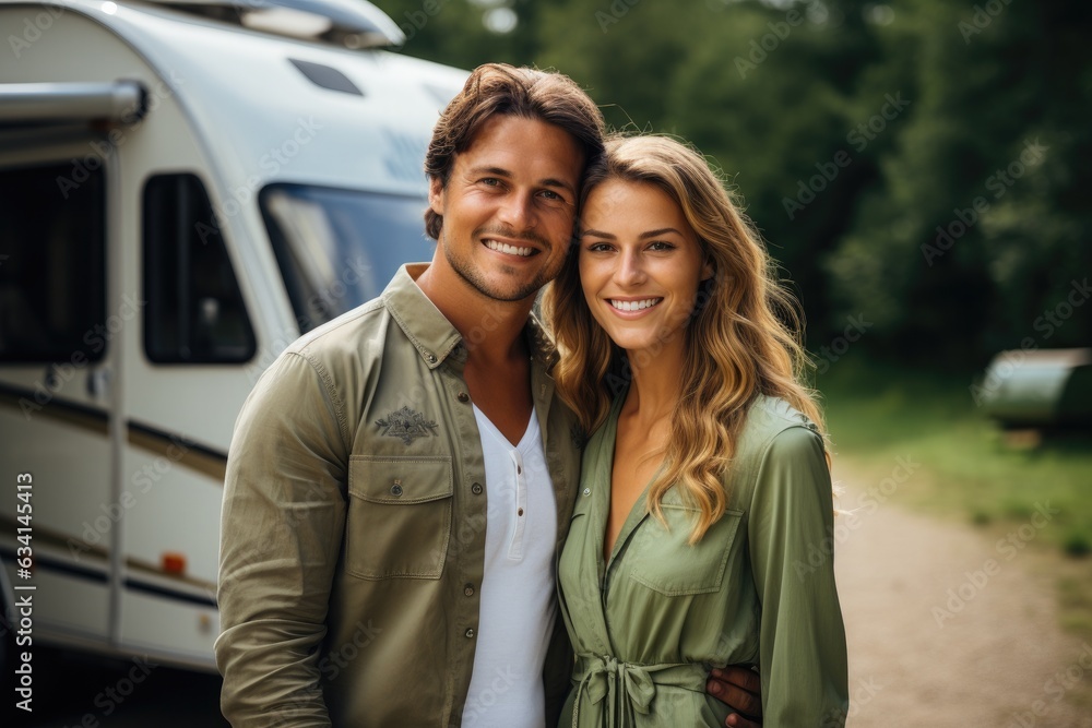 Happy smiling young man and girl standing in front of camper in forest. Beautiful couple hugging near campervan. Camping in nature. Happy smiling young man and girl standing in front of camper in forest. Beautiful couple hugging near campervan. Camping in nature.