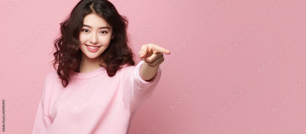 Asian girl with happiness pointing finger on pink background