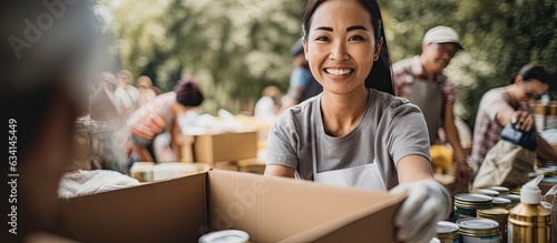 Asian woman volunteers at help event packs canned food in boxes smiles for portrait