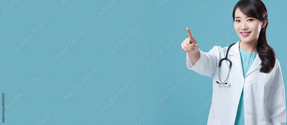 Blue background Asian doctor pointing studio shot Blue background Asian doctor pointing studio shot