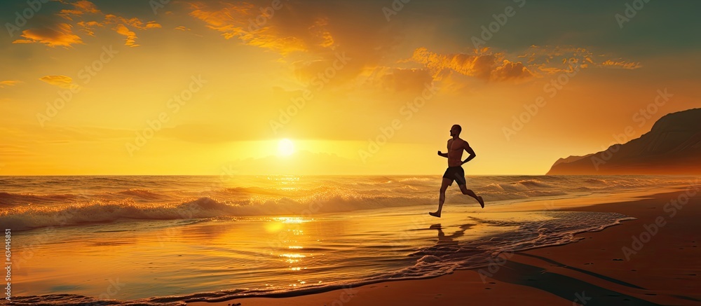 Runner sprinting on a sunny beach at sunrise with space for text Man leaping and copy space banner