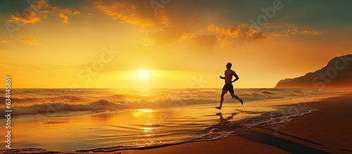 Runner sprinting on a sunny beach at sunrise with space for text Man leaping and copy space banner