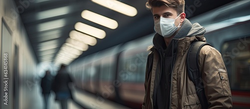 Masked young man on subway platform with moving train in the background