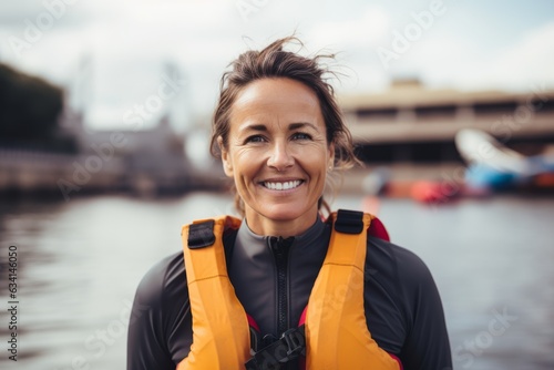 Fotobehang Portrait of smiling woman in life jacket standing on river embankment