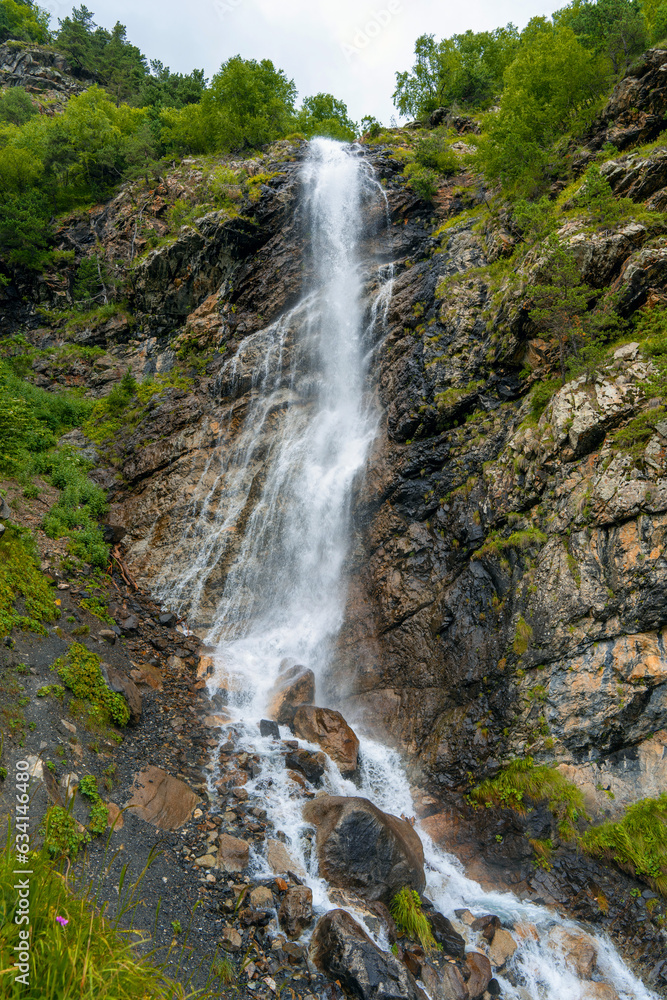 panorama of summer mountains with waterfalls