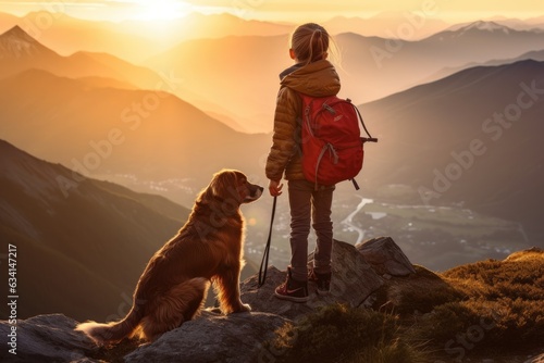 Woman and her beloved dog as they stand on the peak of a mountain. Generative AI © YouraPechkin