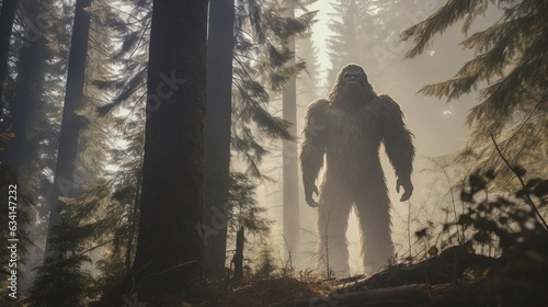 Mysterious Bigfoot stands in the forest. Created using generative AI technology.