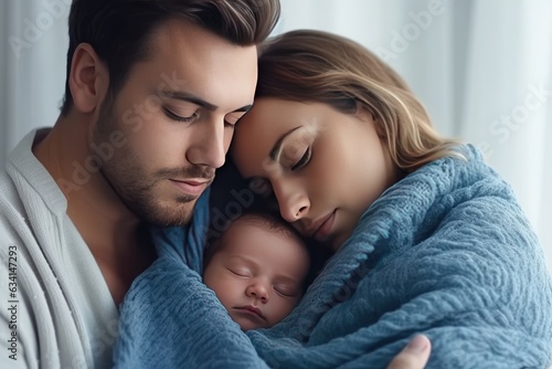Man and woman holding adorable baby wrapped in blue blanket. Generative AI