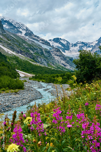 view of the glacier with a waterfall and a blooming meadow