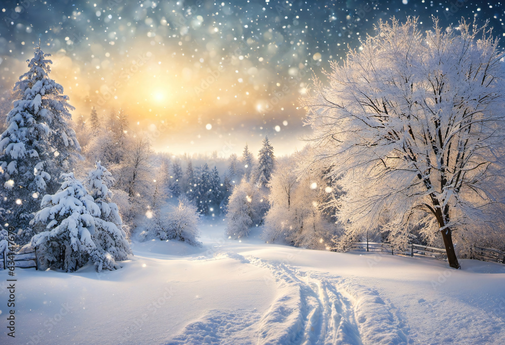Winter view of falling snow and snow covered trees, festive magical winter background. Winter view of falling snow and snow covered trees, festive magical winter background.