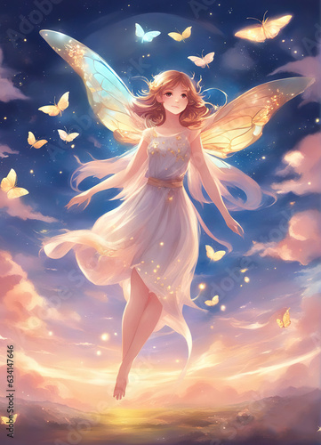 Beautiful fairy surrounded by butterflies with flowers in her hair illustration.