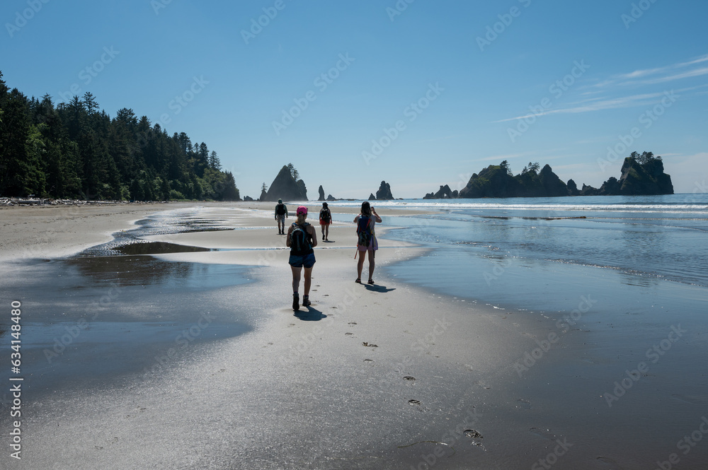 Hikers on Shi Shi Beach Trail in Olympic National Park near Neah Bay, Washington on sunny summer afternoon with Point of Arches in background.