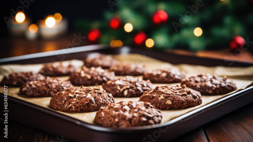 Close up  Weihnachten  Schokoladen Haferflocken Pl  tzchen auf einem Backblech  Weihnachtsb  ckerei in der Adventszeit