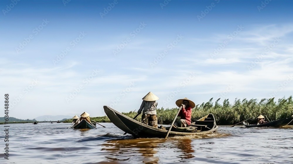 People boating in the delta of Mekong river Vietnam