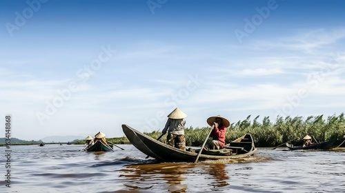 People boating in the delta of Mekong river Vietnam