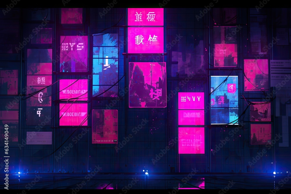 Obraz premium Journey Through Time: 70s Nostalgia in a Dystopian Cyberpunk Universe with Magenta and Cyan