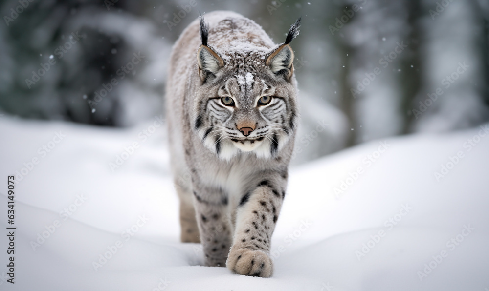Lynx Winter Elegance: Wild Canadian Lynx Gracefully Treading Through Pristine Snow. 