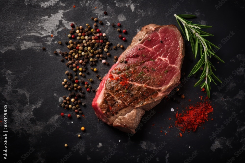 Beef steak with spices on dark stone background
